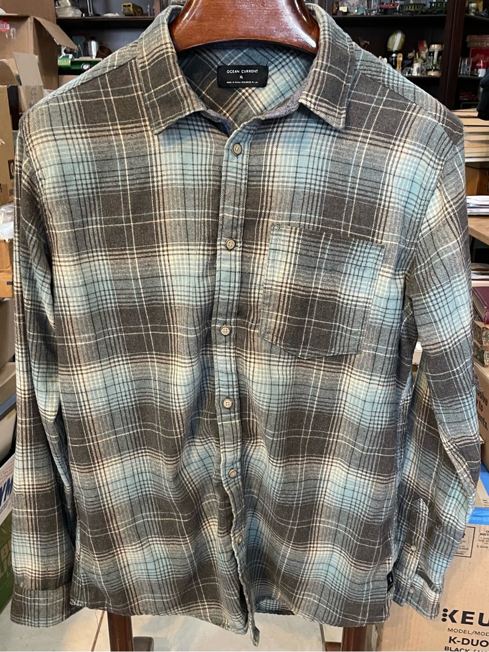 Ocean Current Men's Plaid Button-Down Shirt in Brown and Light Blue